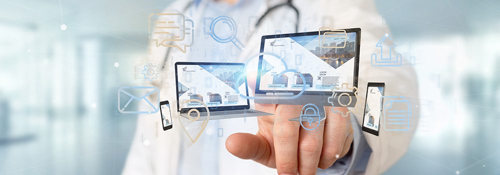 View of a Doctor holding a Devices connected to a cloud multimedia network 3d rendering