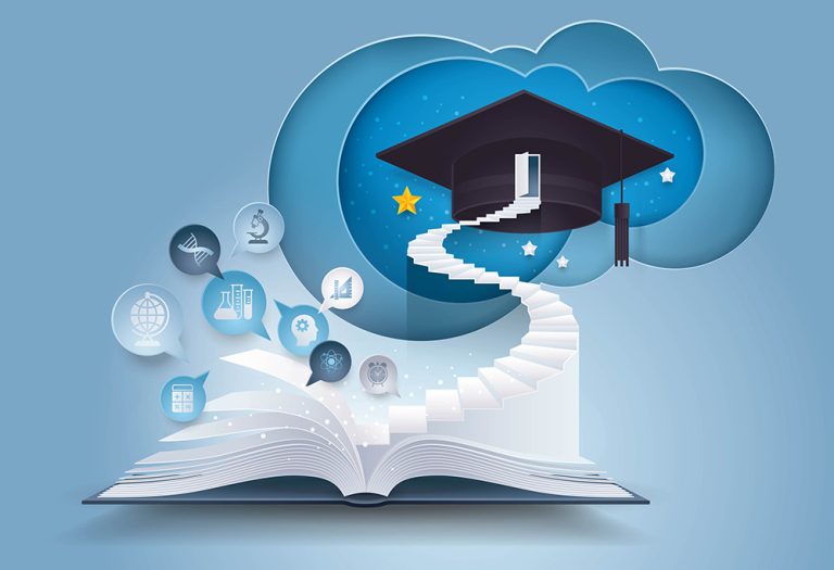 Open book with stair to graduation cap, The door with graduation Hat on top of Staircase, Bubble talk with Education icon, diploma, success, study, Evolution, College, Learning, University Education concepts, Paper art vector and illustration.